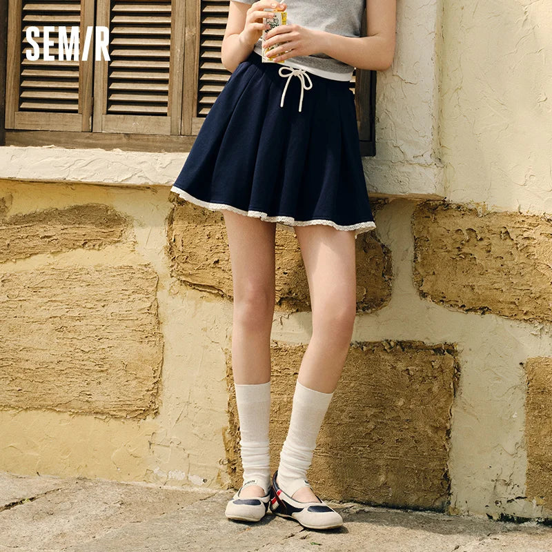 Semir Midi Skirt Women Lace Fringe Pleated Skirt Gentle 2025 New Summer Elastic Waist Short Skirt Sweet for Summer Walks