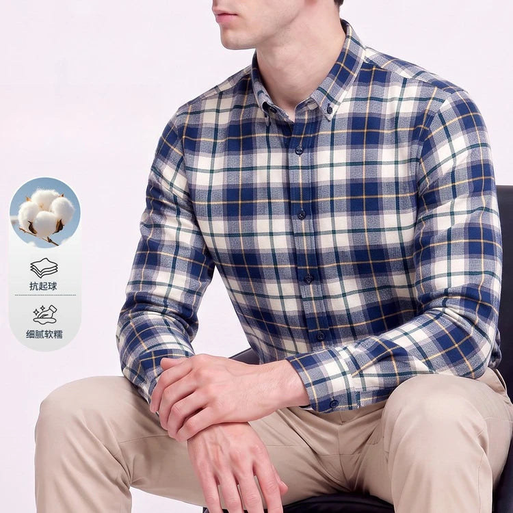 Men's 100% Cotton Brushed Plaid Long Sleeve Shirt – Soft Flannel Casual Button-Down for Outdoor & Daily Wear