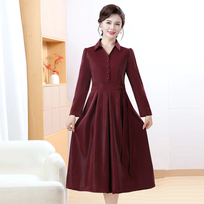 រ៉ូបដៃវែងរដូវស្លឹកឈើជ្រុះសម្រាប់ស្ត្រីថ្មី ស្គមស្គាំង មធ្យមទៅវែង ឈុតសម្លៀកបំពាក់ម៉ាក់ ឈុតរដូវស្លឹកឈើជ្រុះ រ៉ូបដៃវែង