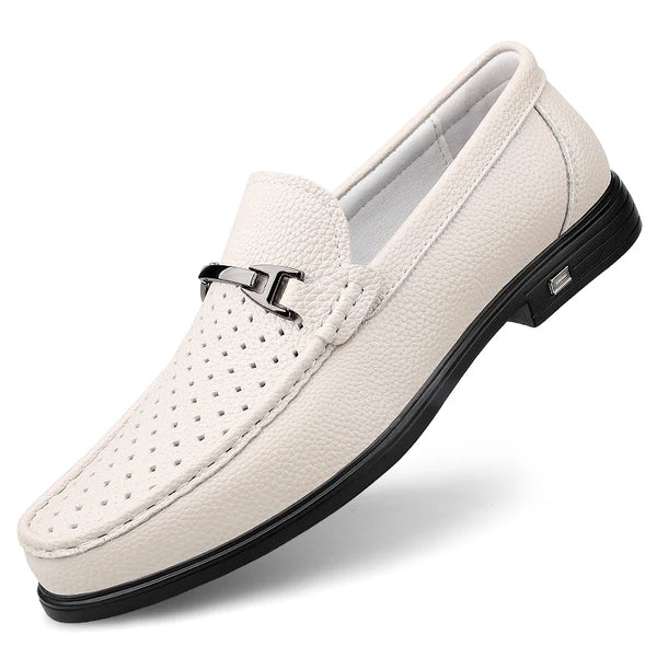 Men Hollow‑out Loafers Thin Leather Slip‑on Dress Shoes Breathable Moccasins Metal Decoration Casual Business Driving Shoes