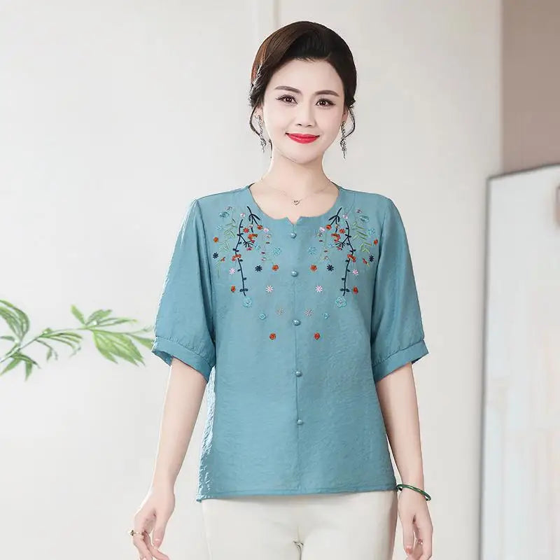 អាវកមូលដៃខ្លីសម្រាប់នារី ធ្វើពីកប្បាស និងក្រណាត់លីនីន រដូវក្តៅថ្មី បែបអក្សរសាស្ត្របែបបុរាណ រលុង ងាយស្រួលប្រើ ប៉ាក់បានច្រើនយ៉ាង កាត់បន្ថយភាពចាស់