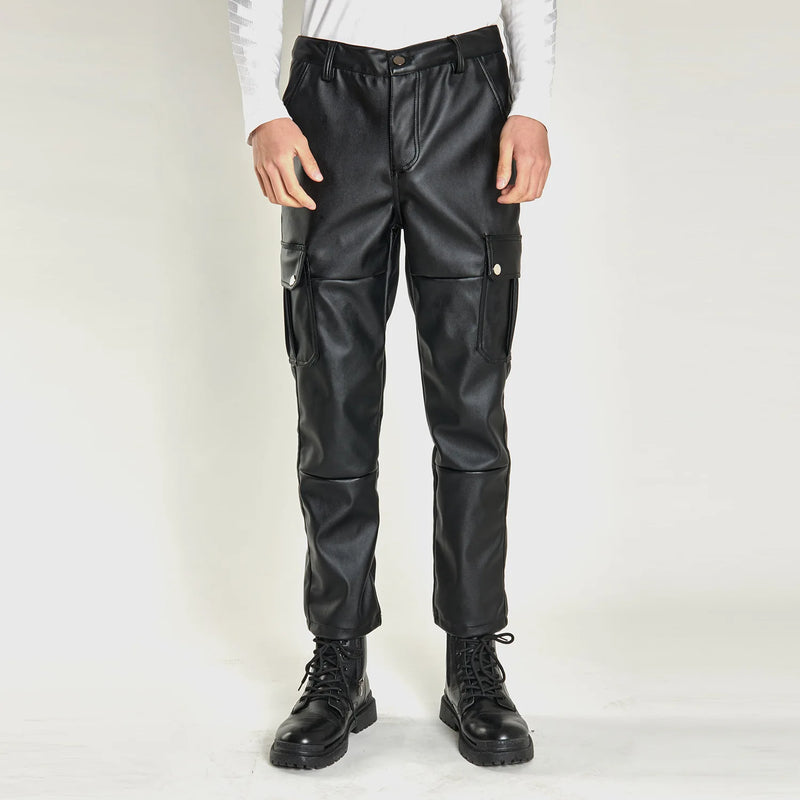Multi-pocket Men's Casual PU Pants, Fashionable Biker Leather Pants, Windproof and Waterproof Dirt-resistant Trousers,Size S-5XL