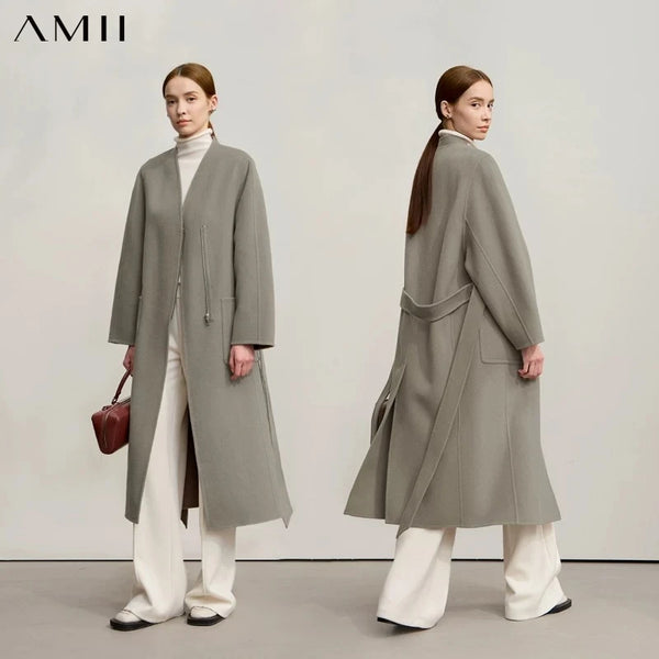 អាវធំរោមចៀម AMII 100% សម្រាប់ស្ត្រី 2026 រដូវរងាថ្មី អាវរោមចៀមវែង មានខ្សែរ៉ូត សម្រាប់ស្ត្រី ជាមួយខ្សែក្រវ៉ាត់ អាវធំ Tweed ពីរជាន់ 12544007