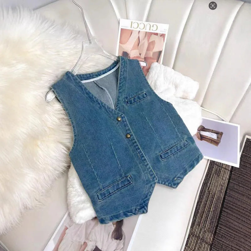 Denim V-neck Short Vest Jacket Women Spring Summer Fashionable Retro Versatile Sleeveless Top Autumn Slim Female Waistcoat