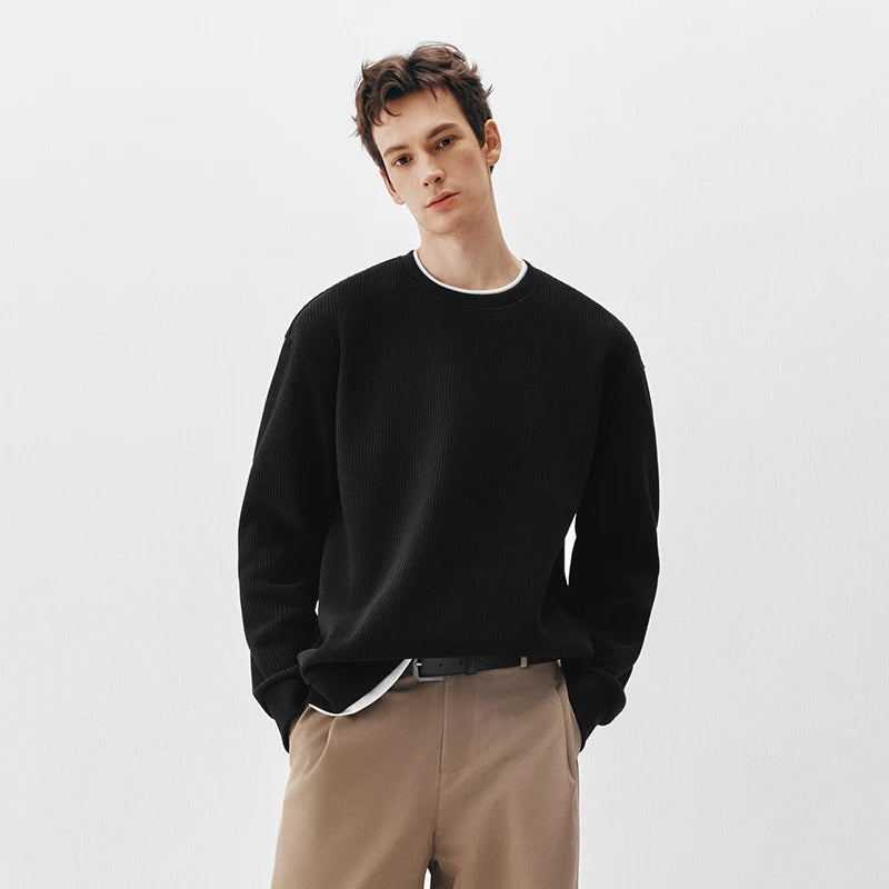 Semir Men Sweatshirt Fleece Lined Waffle Texture Layered Look Long Sleeve Everyday Style 2026 Winter Warm Layer Soft Comfort
