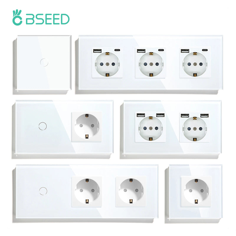 BSEED Single Power Outlet EU Wall Plugs Double Sockets USB Type-C Phone Charge Glass Panel 1Way Wall Touch Switch Kid Protection