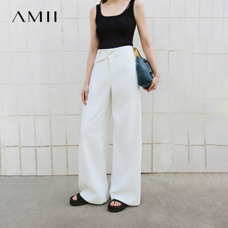 Amii Women's Denim Pants 2026 Summer New Cotton Asymmetric Waist Wide Leg Trousers Simple Versatile Jeans For Women 12652069