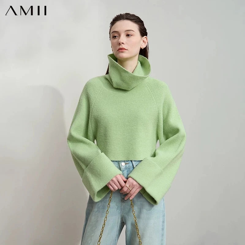AMII Women's Sweater 2026 Winter New Turtleneck Long Sleeves Short Sweater Women's Loose Versatile Knitting Tops Ladies 12544012