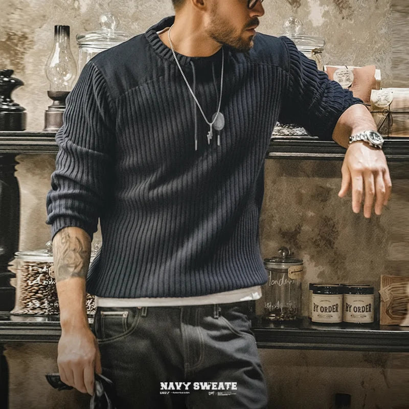 Maden Vertical Stripe Sweater O-Neck Slim Fit Men’s Retro Knitted Pullover Patch Stitching Design Classic Sweaters Men Clothing