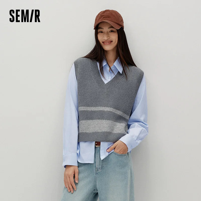 Semir Women Winter Shirt Striped V Neck Brushed Fabric Layering Minimal Design Two Piece Layering 2026 New Winter Daily Wear
