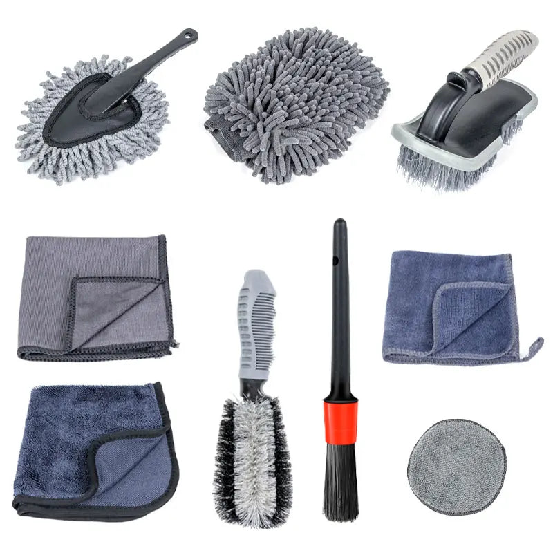 SEAMETAL 9pcs Car Wash Brush Towel Kit Professional Car Wheel Tire Cleaning Brush Towel Glove Wash Pad Set for Car Accessories