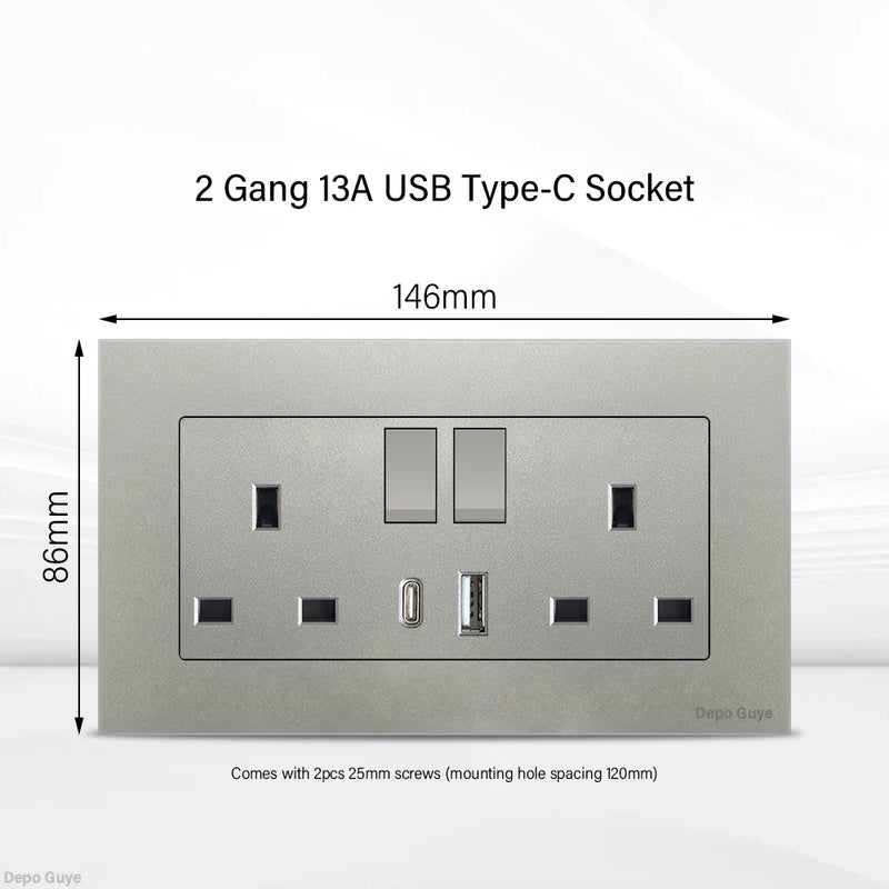 Universal 18W Type-C Quick charge Double Power Outlet,220V Electrical Wall Light 2way Switch UK 13A Wall Double USB Plug Socket