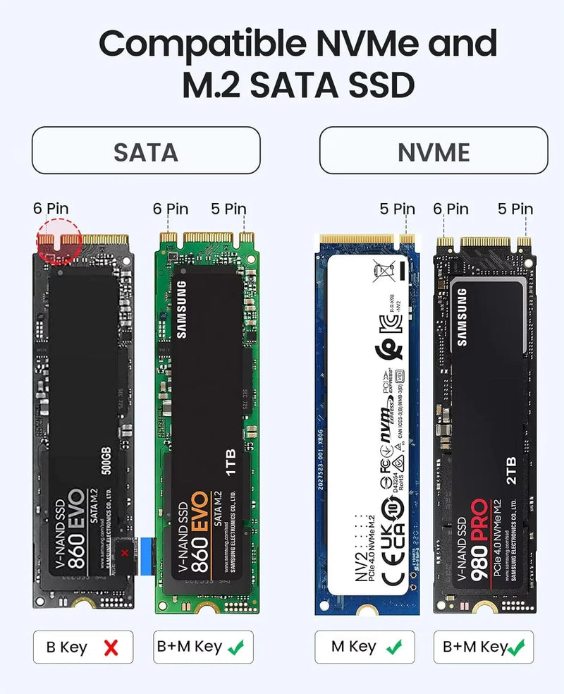 ORICO M.2 NVMe SATA SSD Enclosure Adapter Tool-Free USB C 3.2 Gen 2 10Gbps NVMe 5Gbps NGFF SATA PCIe with Metal Heat Sink