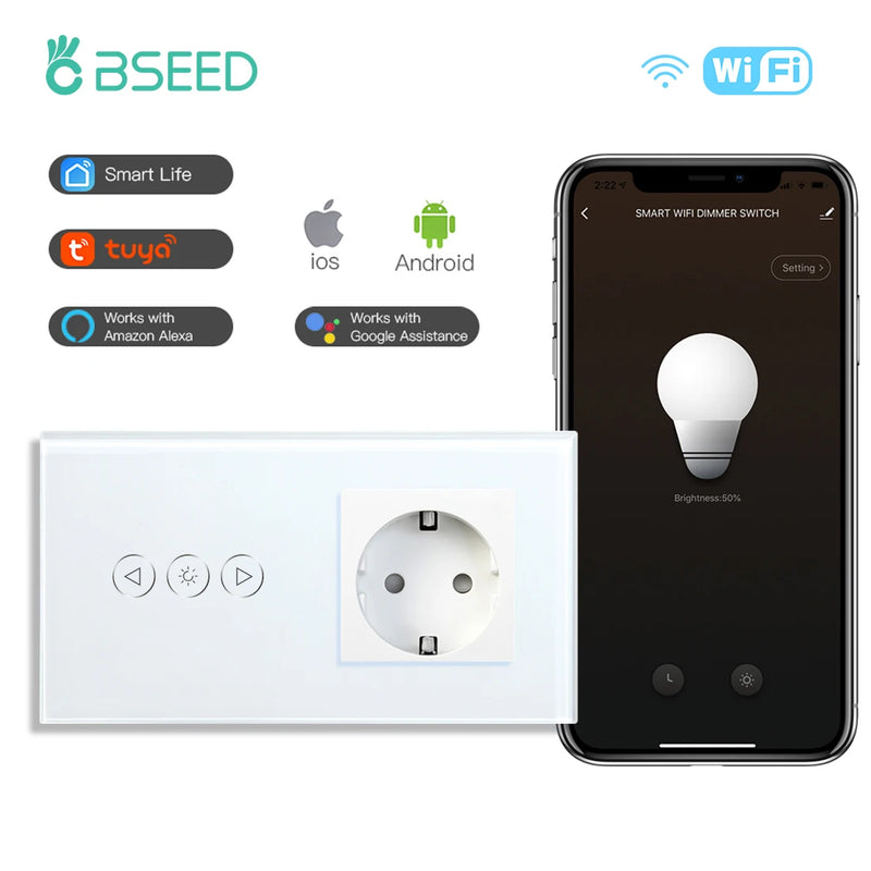 BSEED Wifi Dimmer Switch Smart Dimmable Touch Switch With EU Socket Glass Panel Support Tuya Smart Life Google Home Control
