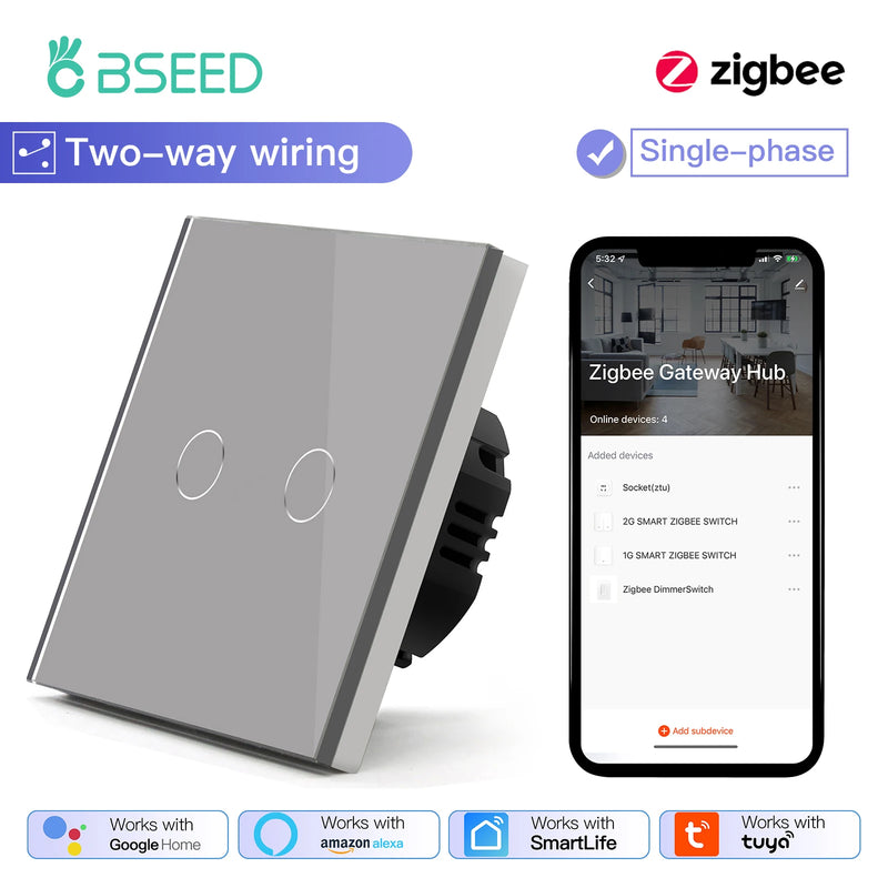 BSEED 1/2/3Gang Smart Zigbee Touch Light Switch 2-Way Control Compatible with Alexa/Google Home No Neutral Wire Touch Switch