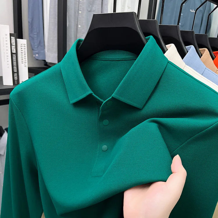 Men's Premium Long Sleeve Polo Shirt - Mercerized Pique Cotton, Seamless Collar and Cuff Design (12 Colors Available)