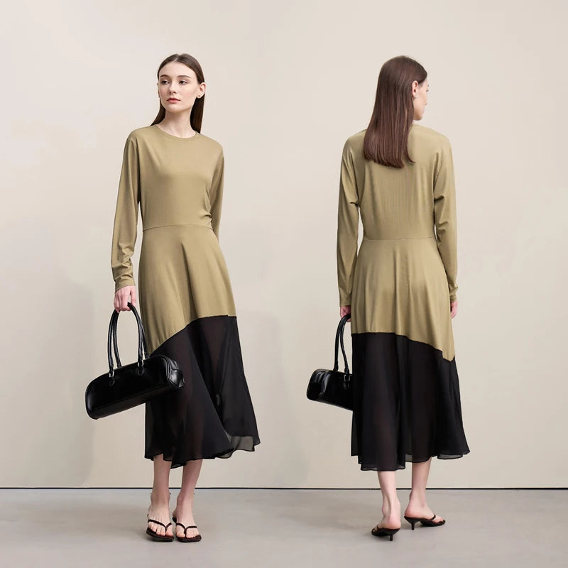 រ៉ូប Amii Womens រដូវស្លឹកឈើជ្រុះឆ្នាំ ២០២៦ រ៉ូបថ្មីឆើតឆាយ លំនាំប៉ាក់ អាវក្រណាត់ Chiffon រាងអក្សរ H រលុង សំពត់វែងធម្មតាសម្រាប់នារី 12621063