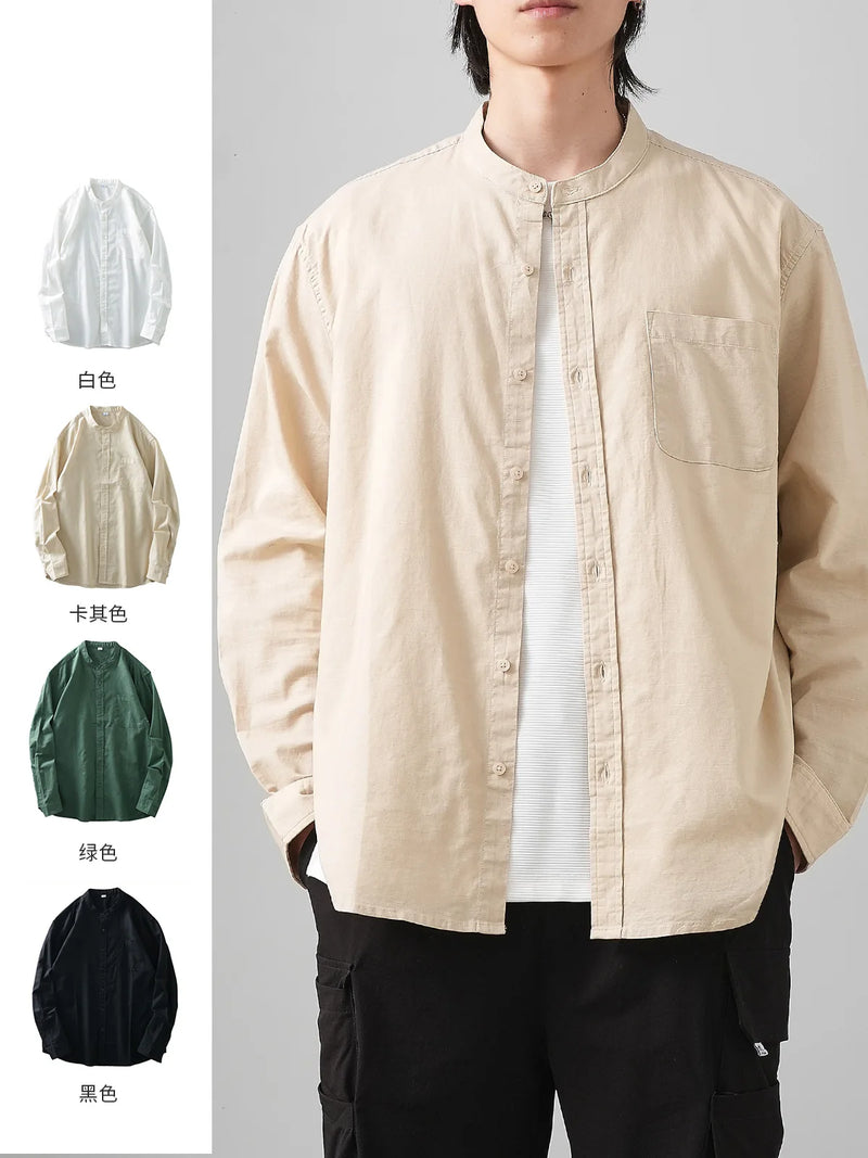 DUKEEN Men's White Band Collar Cotton Linen Blend Long Sleeve Shirt Autumn Casual Breathable Basic High-Quality Men's Clothing