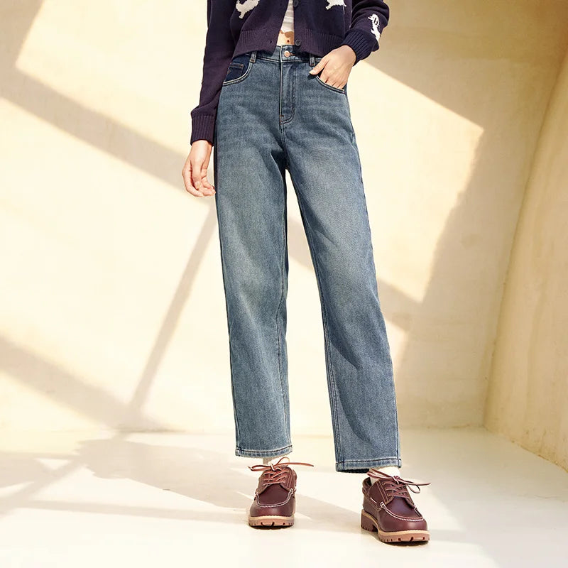 Semir Women Jeans Fleece Lined Elastic Waist Tapered Loose Fit Hip Covering 2026 Streetwear Vintage Denim Pants