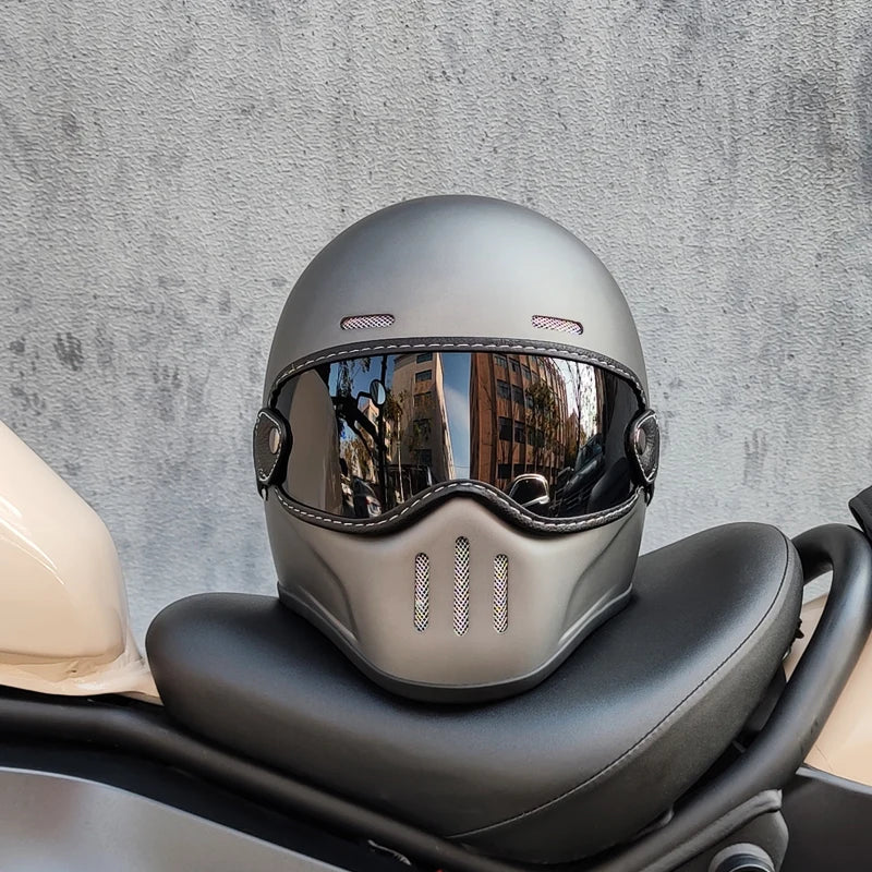 Retro ORZ helmet, fiberglass full face helmet, caf é racing driver, lightweight shell, motorcycle helmet, retro leather
