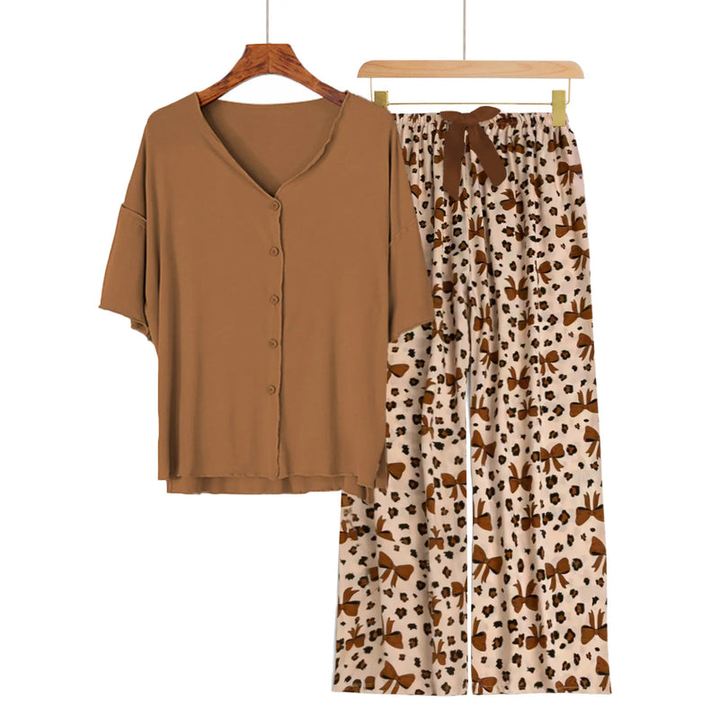 new Summer pajamas set Short sleeve Home suit for women pajama Short Sleeve+Pants Two Piece Thin night wear female nightwear