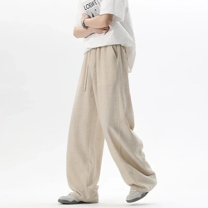 Men Linen Blend Baggy Harem Trousers Elastic Drawstring Closure Relaxed Tapered Shape For Leisure And Daily Wear