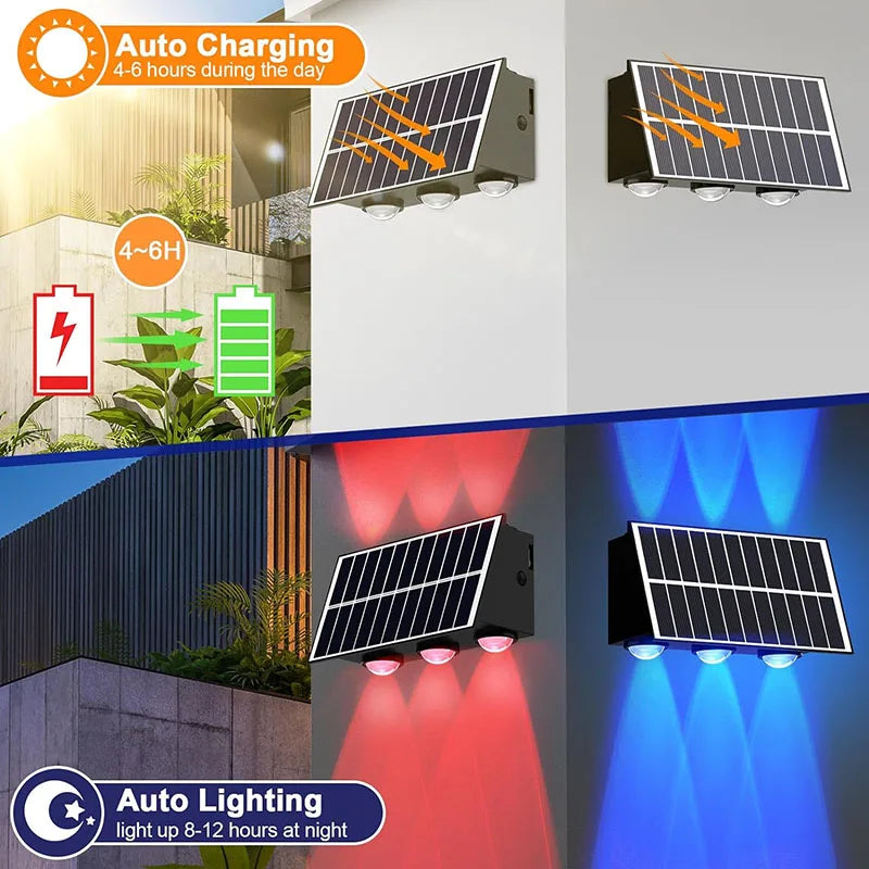 ចង្កៀងជញ្ជាំង LED ដើរដោយថាមពលព្រះអាទិត្យ ៤/៦/៨LED ភ្លើងរានហាលការពារទឹកខាងក្រៅ ភ្លើងបំភ្លឺខាងលើខាងក្រោម ភ្លើងបំភ្លឺផ្លូវដើរដោយថាមពលព្រះអាទិត្យសម្រាប់សួនច្បារយ៉រ
