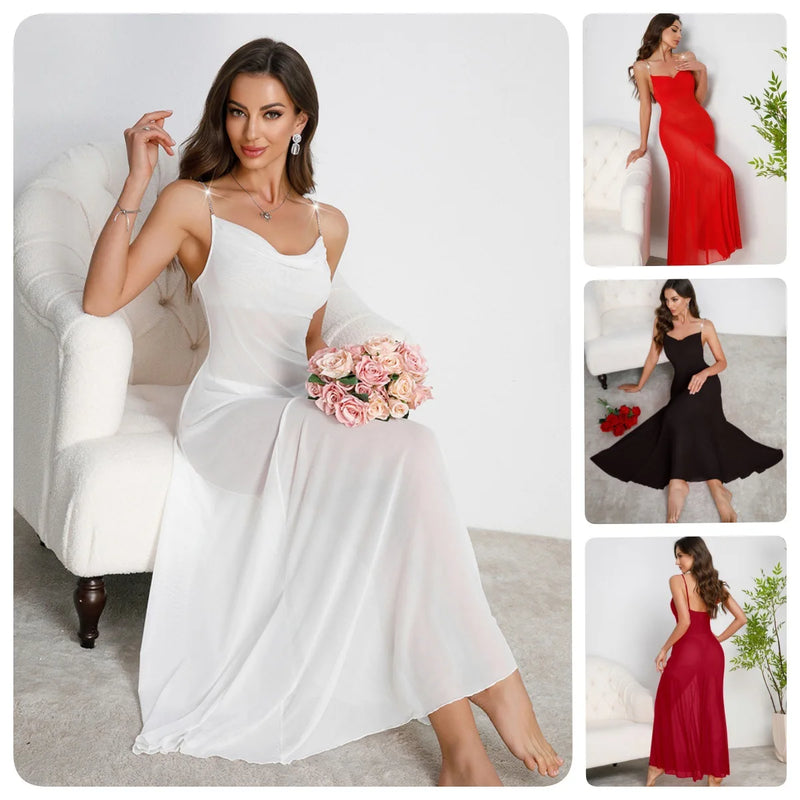 Strap Suspender Long Dress Swing Sexy Mesh Nightdress Night Wear Sleepwear Women Nightgowns Vestidos De Noche