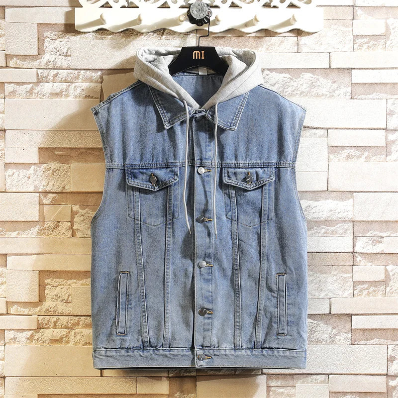 2026 Spring New Men's Black Denim Vest Jacket, Teenagers Blue Leisure Hooded Coat M-5XL