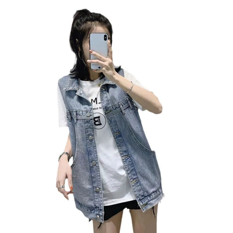 Women‘s Waistcoat Spring and Summer Denim Vest Student Top Korean Version Loose Medium Long Sleeveless Vest Jacket Female