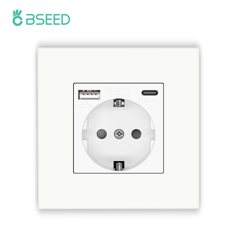 BSEED EU Mechanical Wall Light Switch With Wall Socket 1/2/3Gang 1Way Plastic Panel Double Sockets Triple Power Outlets 250V