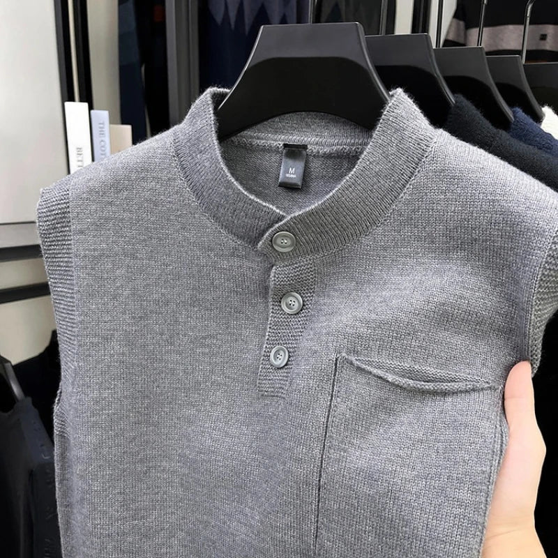 Men's Stand-Up Collar Knitted Vest with Button Front and Patch Pocket Spring and Autumn Pullover Knit Sweater