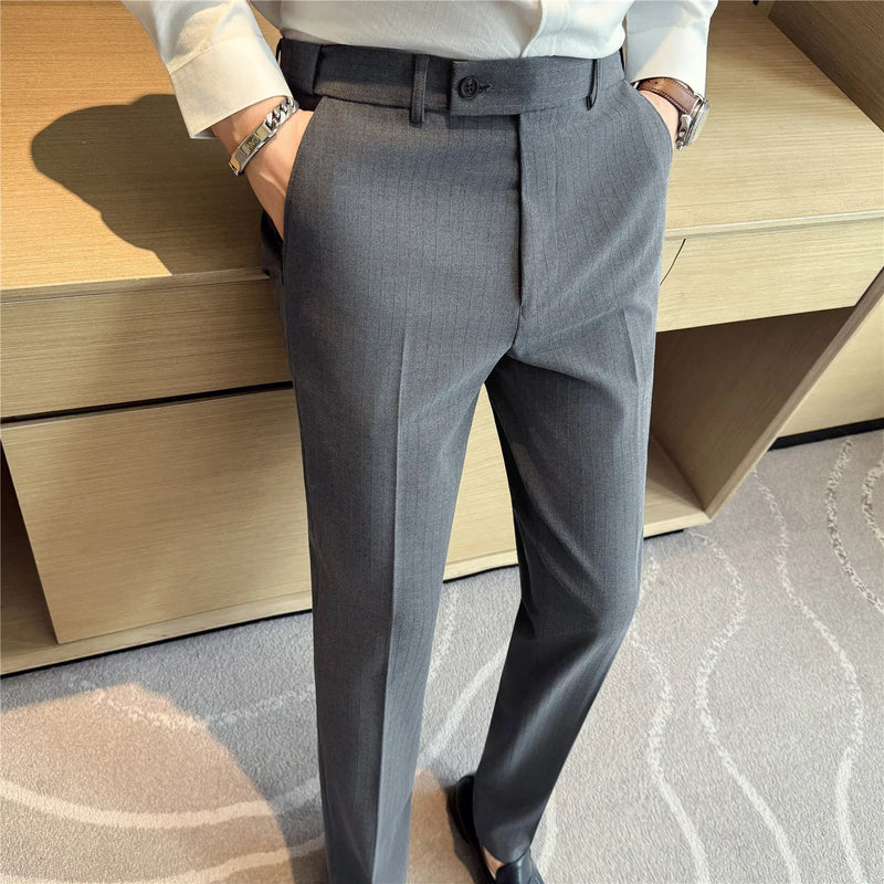 2026 Men's Slim Fit Striped Dress Pants Brown Formal Business Suit Trousers for Office And Wedding Wear High-Quality