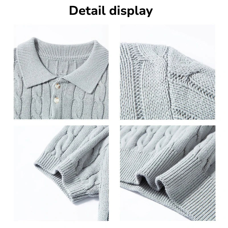 Men's Vintage Cable Knit Short Sleeve Polo Sweater 100% Cotton Retro Turn-down Collar Casual Pullover
