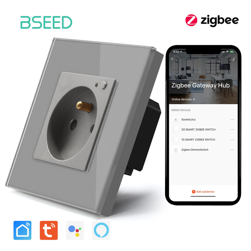 BSEED ZigBee Smart FR Socket Double Powe Sockets Triple Wall French Oulets Work With Tuya Google Home Smart Life Alexa