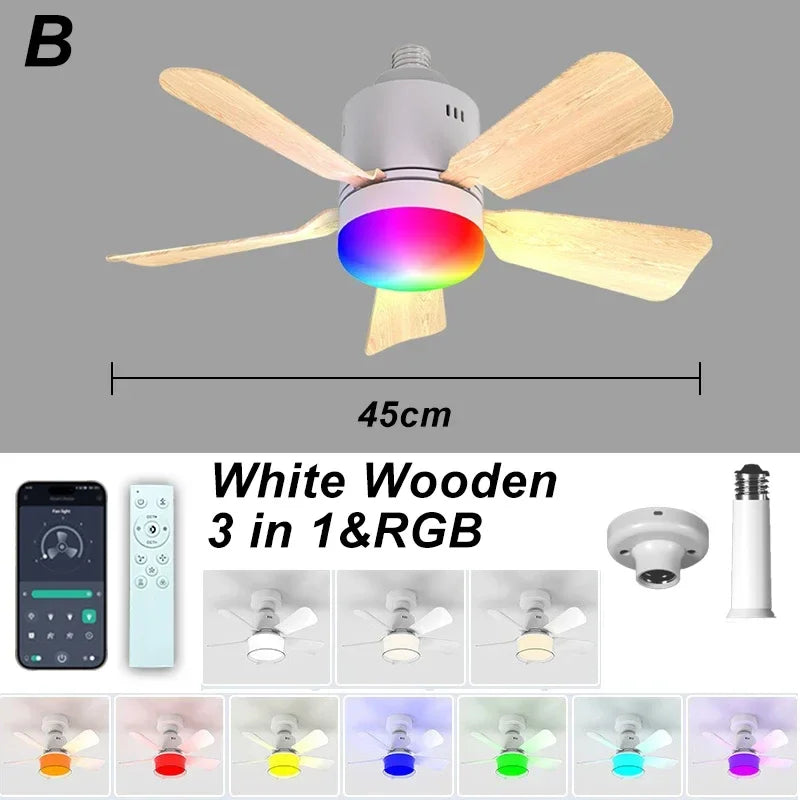 Fan Light with Remote and APP Control RGB Dimmable LED E27 Socket Ceiling Fan Modern Simple for Bedroom Kitchen Room Lighting