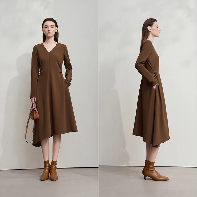 AMII Elegant Women's Dress 2026 Autumn New Minimalism Straight Midi Dresses Slim Asymmetrical Knitted Woman Clothing 12543080