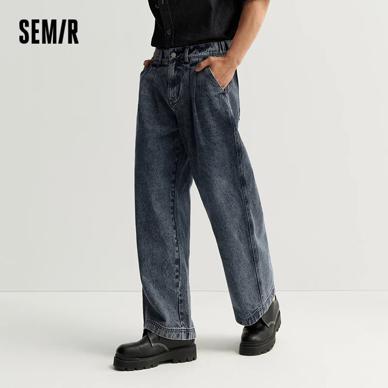 Semir Men Jeans Retro Pleated Loose Wide Leg Cotton Straight Denim Casual Autumn Pants Essential Daily Wear 2026