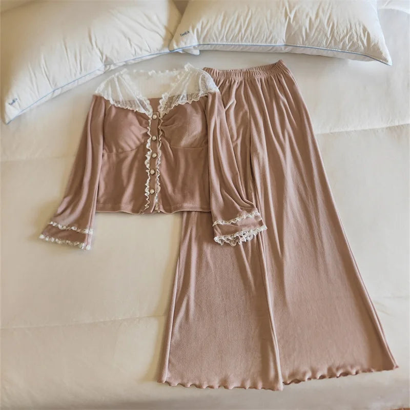 ឈុតគេងផ្អែមល្ហែម កោះ Velvet ក្តៅរដូវរងា គេងក្រាស់ បន្ទះទ្រូង អាវដៃវែង អាវគេងនារីជាមួយខោ ឈុតផ្ទះ