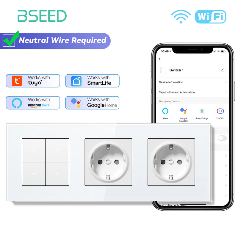 BSEED 1/2/3/4Gang 2Way WIFI Click Button Switch Double EU Socket Glass Panel LED Indicator Tuya Smart Life Alexa Voice Control