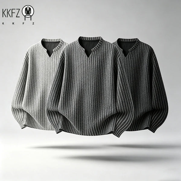 Men Casual Textured Knit Long Sleeve Tee V Notch Collar Vertical Stripe Oversized Fit Male Streetwear Top