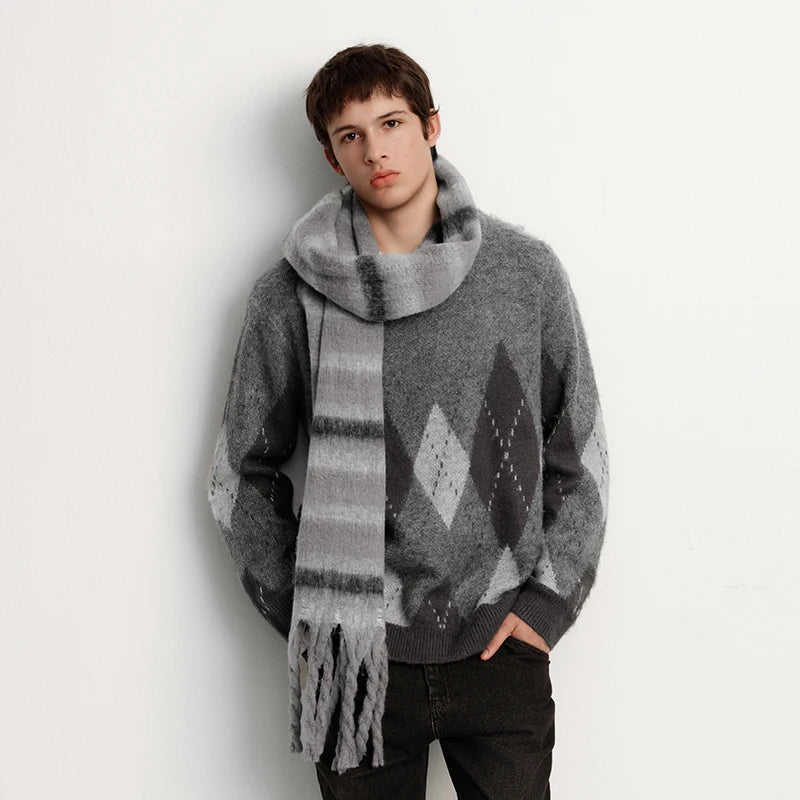 Semir Knitted Sweater Men Winter Faux Mohair Plaid Jacquard 2025 New Retro Preppy Style Couple Outfit Men'S Wear