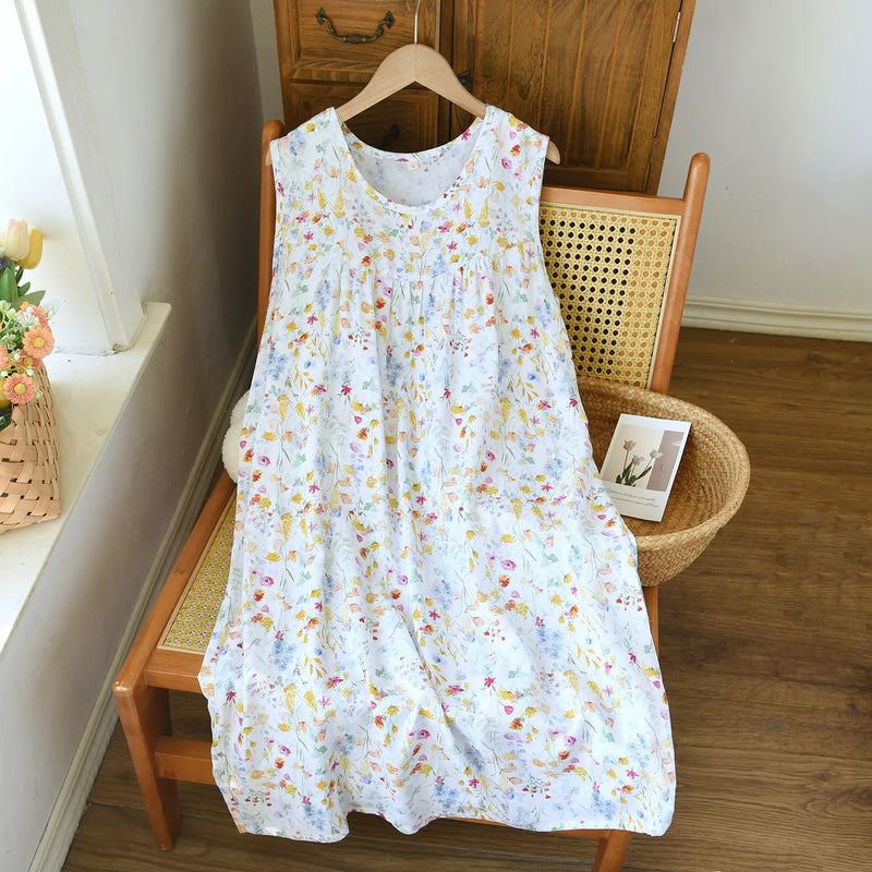 New Style Summer Sleepwear One Piece Dress Sleeveless Floral Nightgowns Woman Nightdress Soft Home Wear Lounge Sleeping Dress