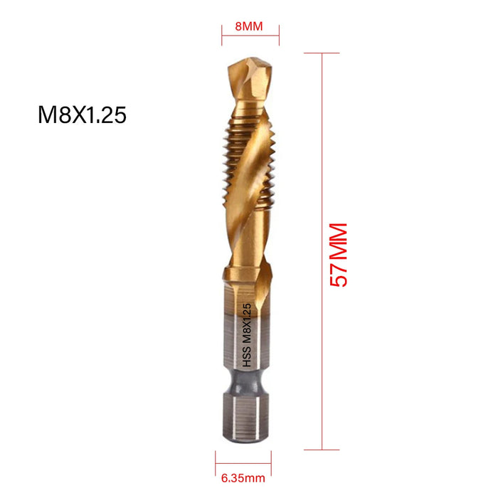 1/6Pcs Tap Drill Bit Set Hex Shank Titanium Plated HSS Screw Thread Bit Screw Machine Compound Tap M3 M4 M5 M6 M8 M10 Hand Tools M8X1.25 Golden