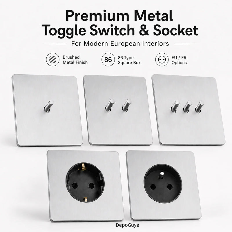 Wall Light Toggle Retro Switch Panel 1-4 Gang 2 Way EU Silver Gray Brushed Stainless Steel Antique Switch Outlet with USB Chargi