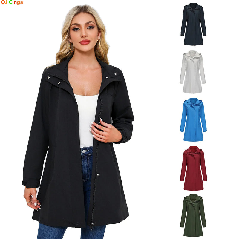 Women's Black Waterproof Hooded Jacket for Spring and Fall; The Hood Is Detachable; Available in Green, Red, Blue, Off-white.