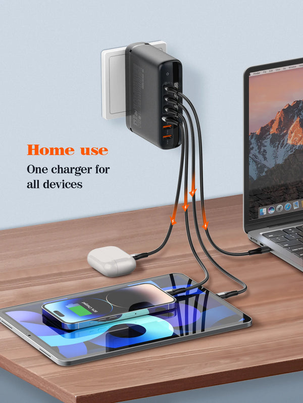 ឆ្នាំងសាក GaN USB C 140W ចំនួន 6 រន្ធ អេក្រង់ LED LDNIO សម្រាប់ធ្វើដំណើរ AU US UK EU Charging Station USB C Hub Block Wall Charger