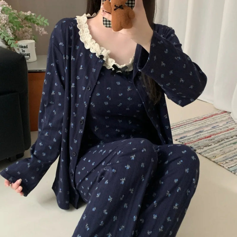 Floral Three-piece Ladies Set Pajama Chest Pads Pijama Spring Autumn Long Sleeve Home Wear Nightwear Woman Pyjamas Sleepwear