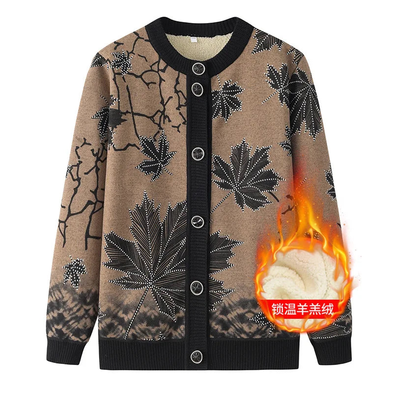 Sweater Women New Thicken Velvet Winter Cardigan Coat Printing Middle Aged Mother Knitting Jacket Grandma Warm Cardigans XL-4XL