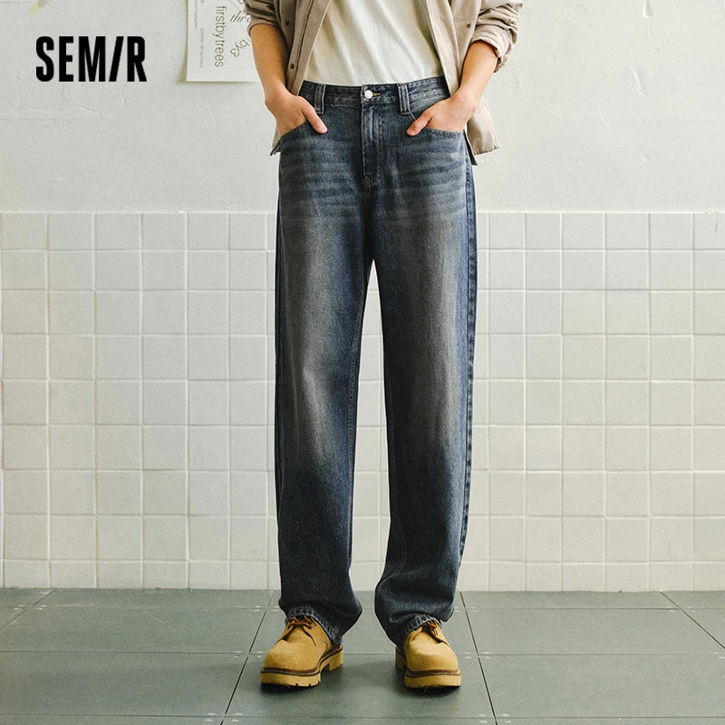 Semir Soft Jeans Men 2026 Winter Distressed Straight Leg Stretch Fleece Lined Casual Comfortable Warm Long Trousers